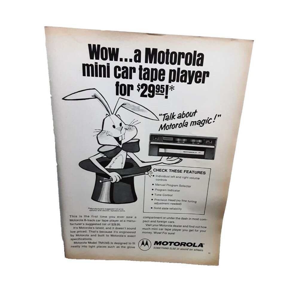 1974 Motorola Car Tape Player Ad Rabbit Bunny Vintage Print Advertising